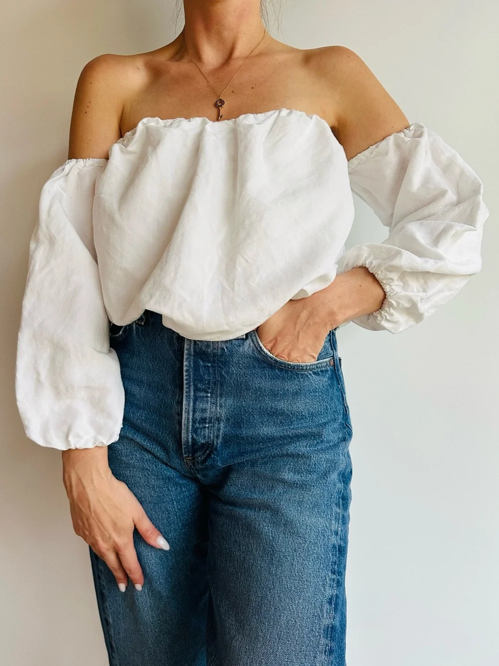 Free People Romantic White Off Shoulder Long Sleeve Peasant Boho Crop Top